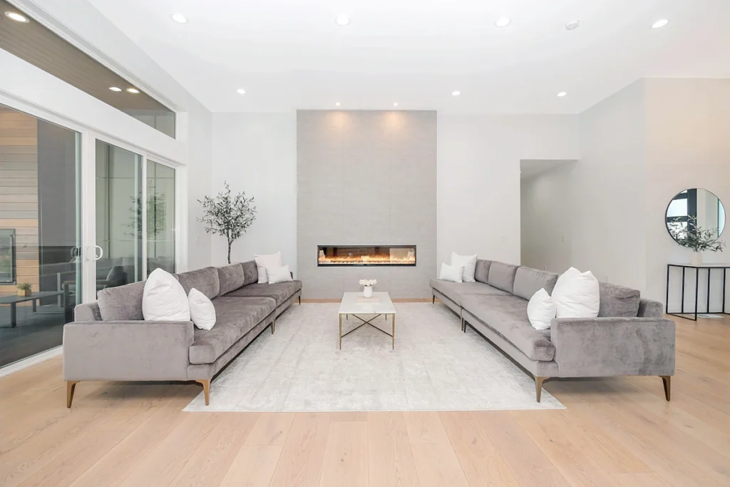 Luxury modern living room with wood flooring