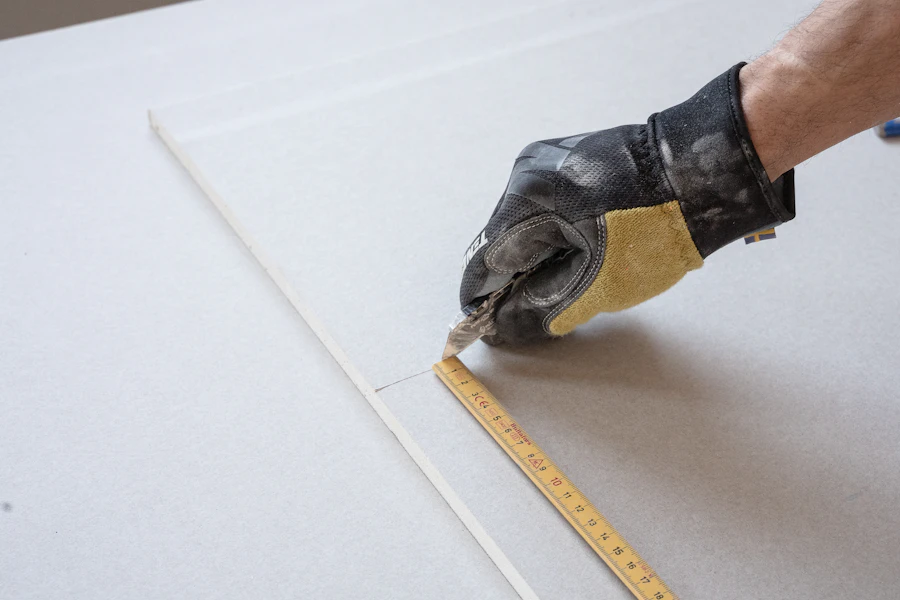 Carpenter measuring and cutting a wooden board